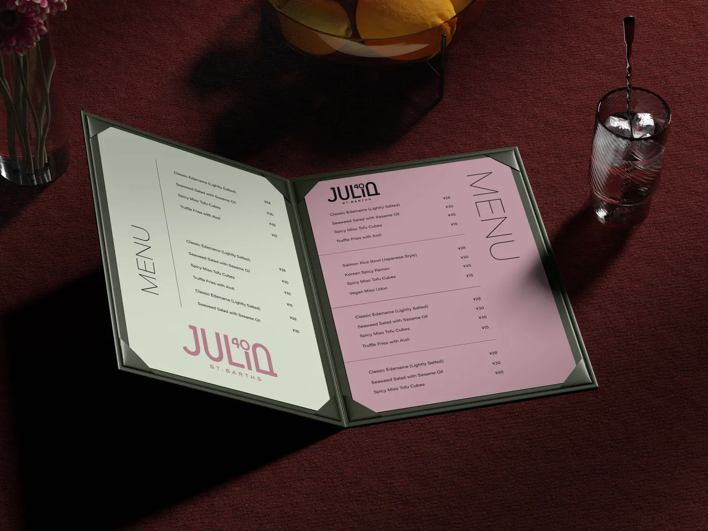 H7 mockup: Dinner menu, rosé on linen
