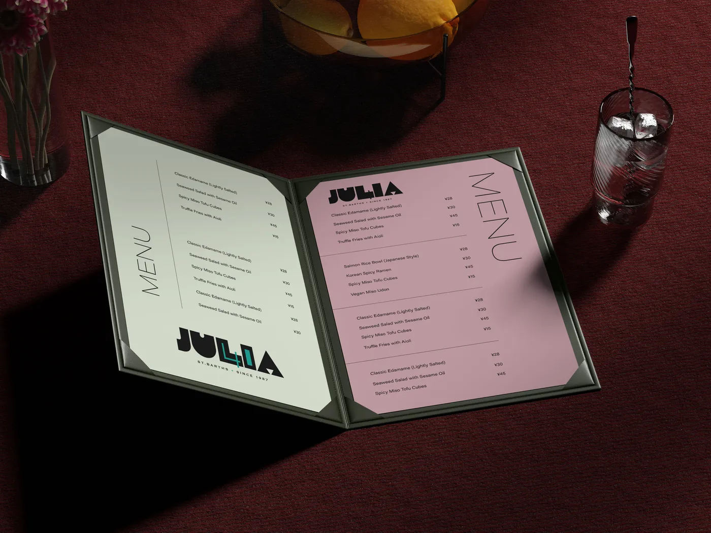 H8 mockup: Dinner menu, ink and lagoon