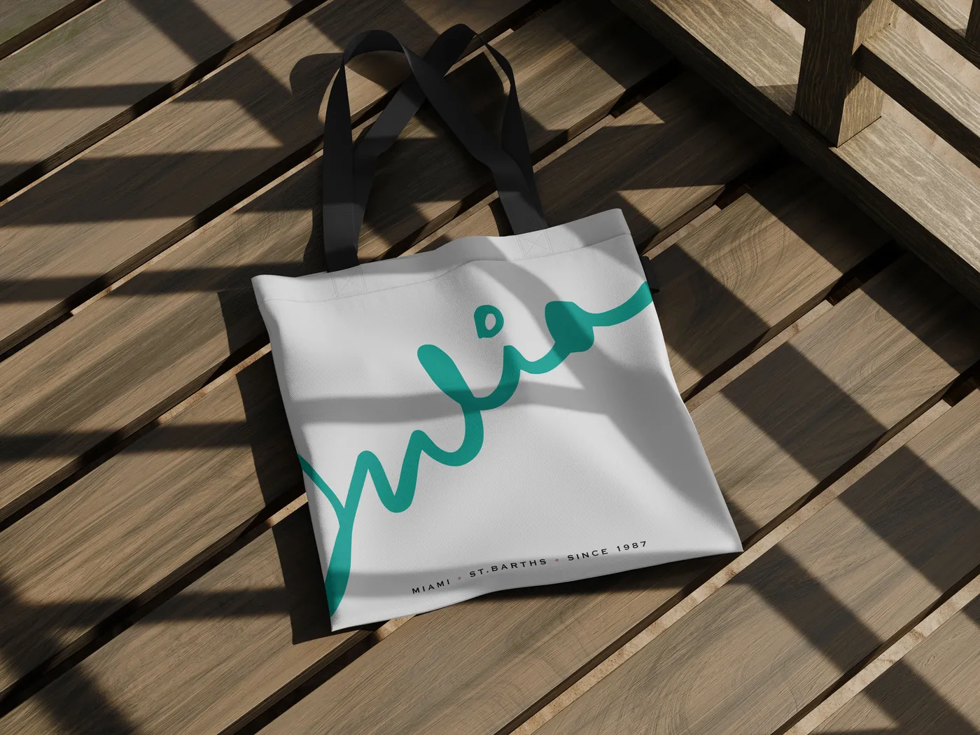 H1 mockup: Canvas tote, on the deck
